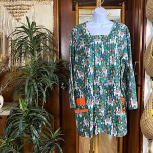Handmade Llama Print Cotton Smock Jacket Oversized Button Front Chore House Coat